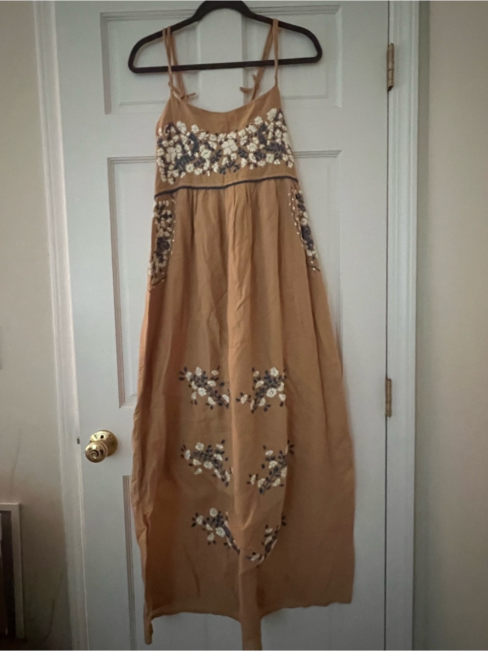Hand Embroidered Spaghetti-Strap Maxi Dress in Camel- no label, from Mexico